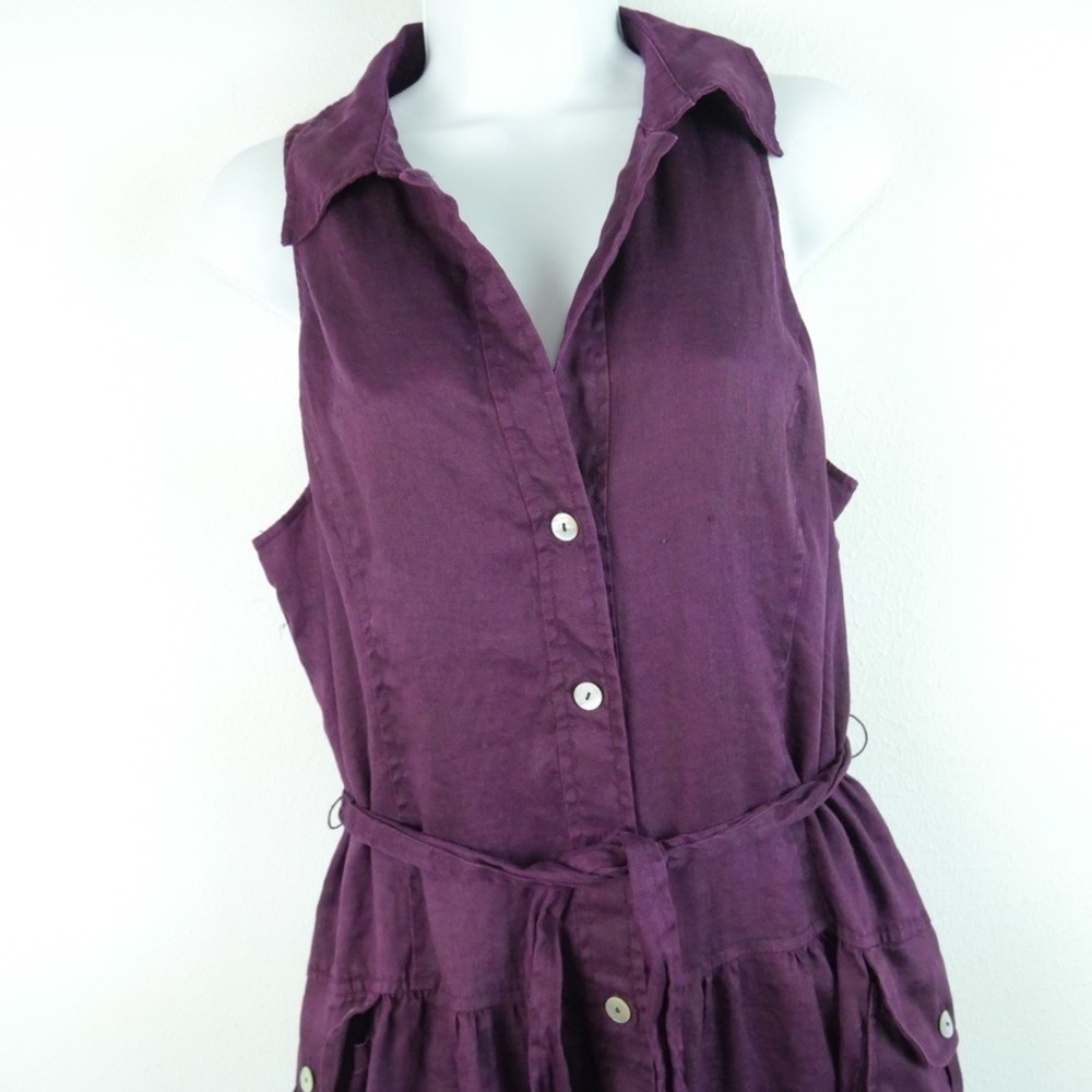Vintage Linen Maxi Dress 14 Purple Sleeveless Button Front Tie Waist Minimal 90s - Picture 3 of 10